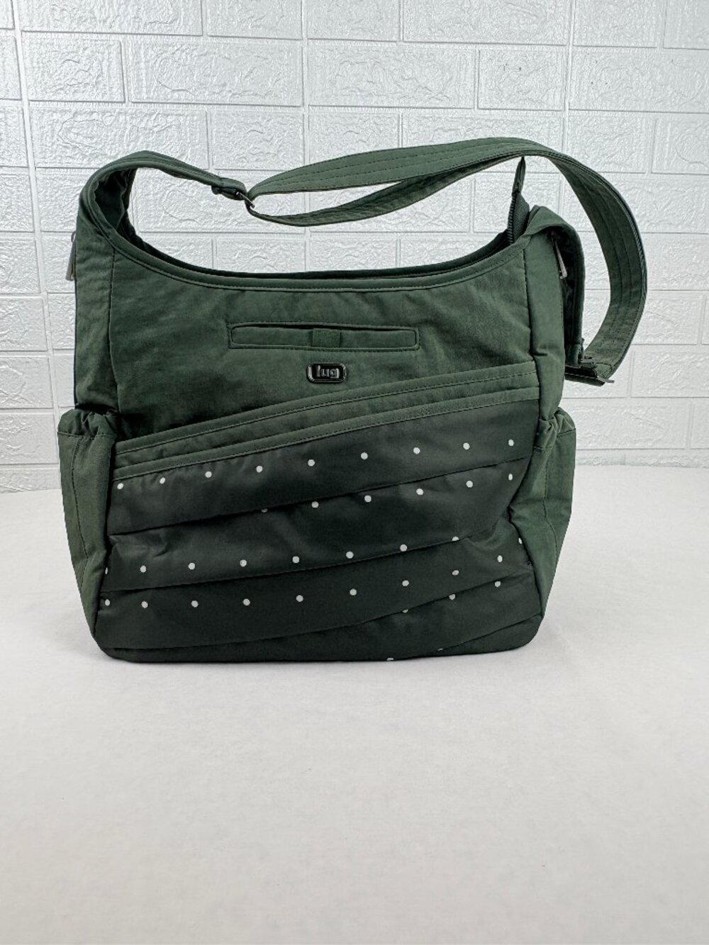 Lug Parachute Crossbody Bag Olive Green Polka Dot Pleated Messenger Travel RFID
